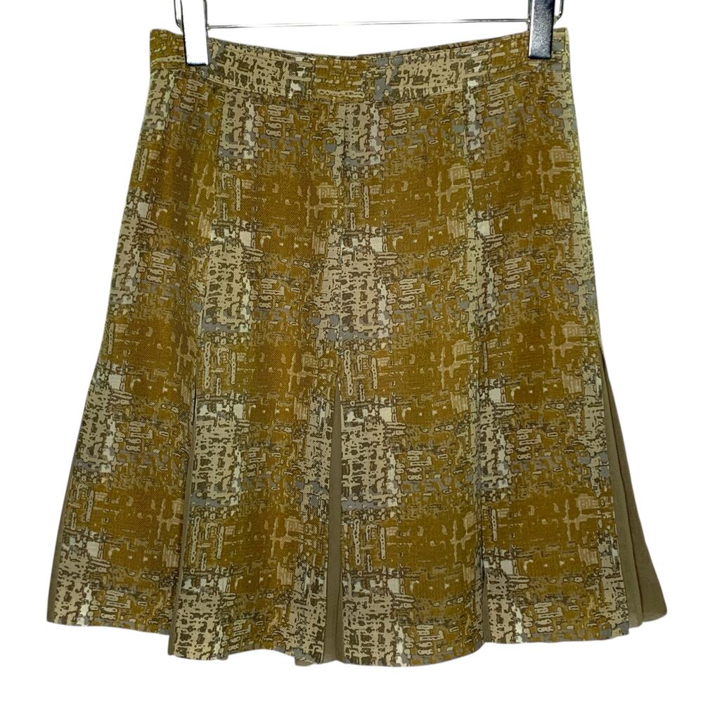 Tory Burch Wool Silk Pleated Printed Skirt 6 Brown Gold Tone Corpcore Nuetral